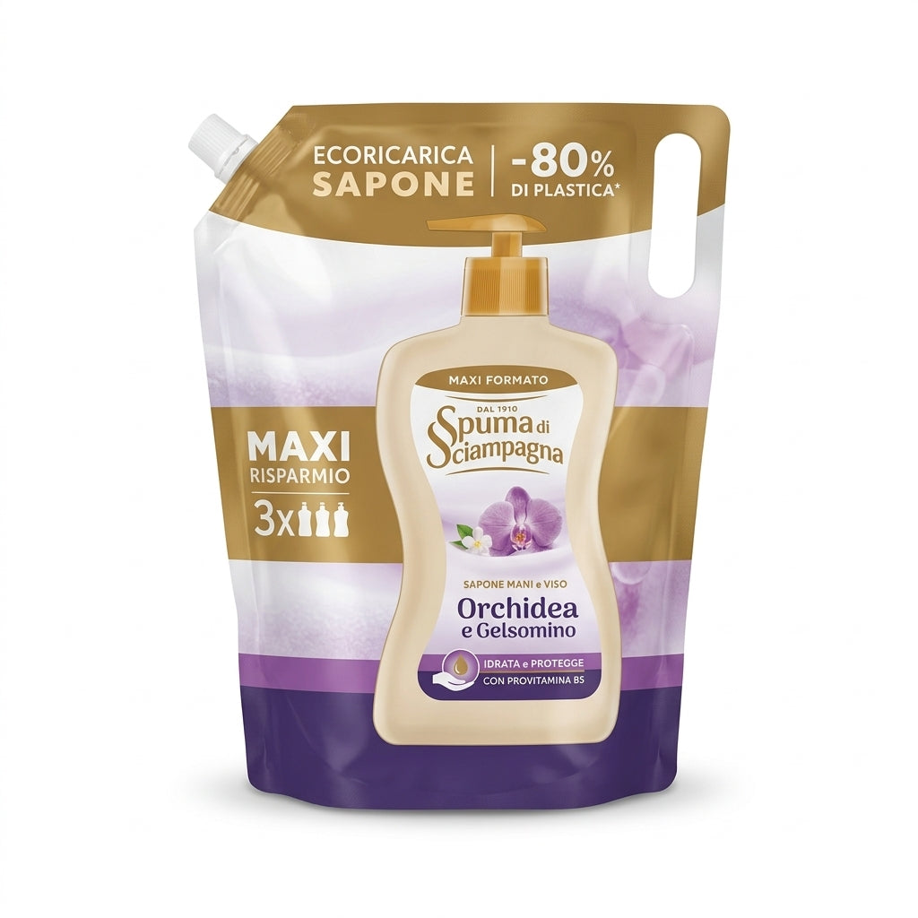 Spuma di Sciampagna Ecoricarica Sapone Mani 1300ml | Con Antibatterico Naturale | 4 Varianti | -80% Plastica