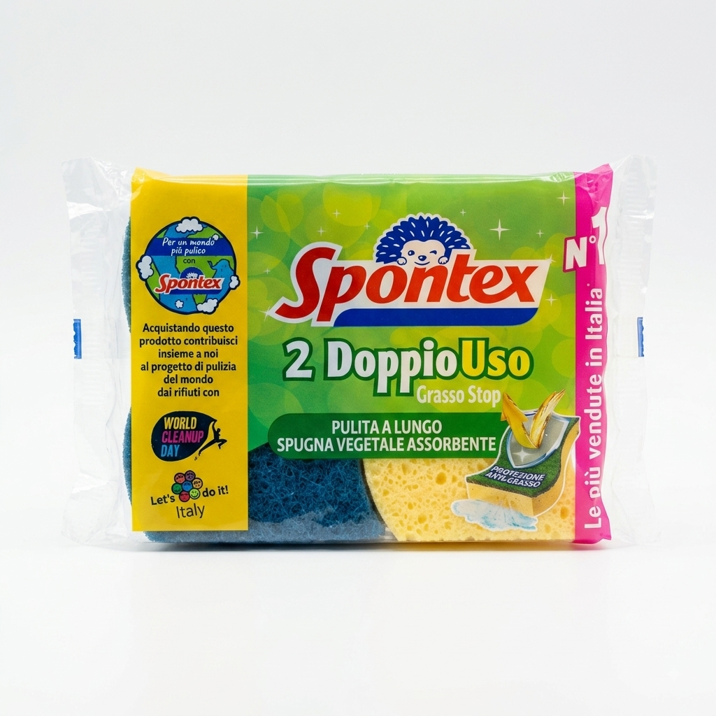 Spontex DoppioUso 2 pezzi, spugna in cellulosa super assorbente con tecnologia Grasso-Stop e design ergonomico salvadita, ideale per la pulizia quotidiana.