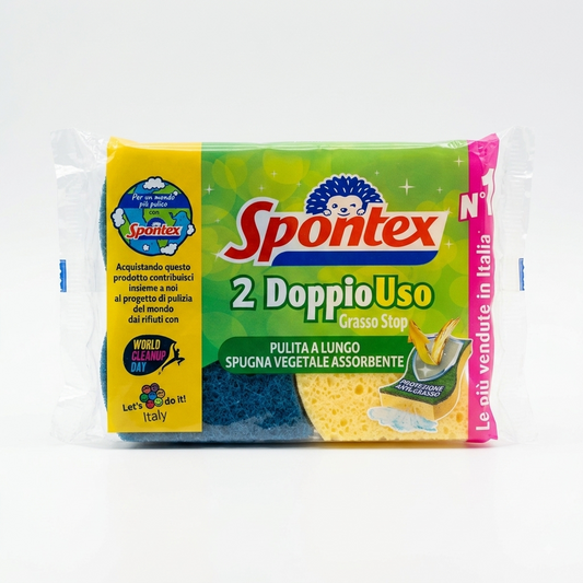 Spontex DoppioUso 2 pezzi, spugna in cellulosa super assorbente con tecnologia Grasso-Stop e design ergonomico salvadita, ideale per la pulizia quotidiana.