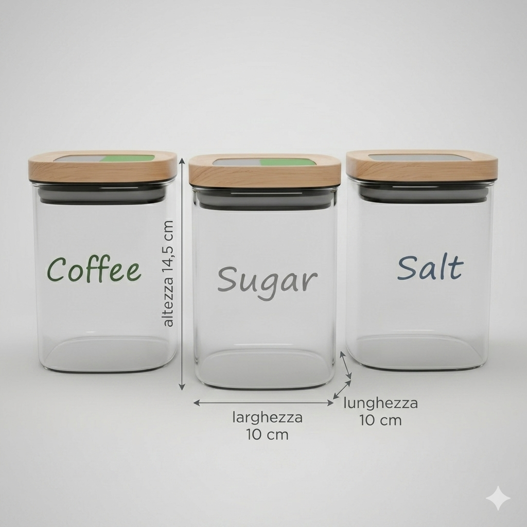 Set 3 Barattoli Cucina Vetro e Bambù 1 Litro | Sale, Zucchero, Caffè | Forma Quadrata Moderna | Coperchio in Legno con Chiusura Ermetica | Contenitori Alimentari