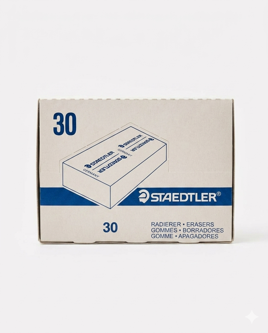 Confezione da 30 gomme per cancellare tecniche Staedtler modello 526 50, gomme bianche per cancellatura precisa e pulita senza aloni, ideali per disegno tecnico, scuola e ufficio.