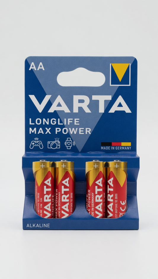 Varta Longlife Max Power AA Stilo LR6 | Confezione da 4 Batterie Alcaline High-Tech | Made in Germany | Massima Energia per Dispositivi ad Alto Consumo