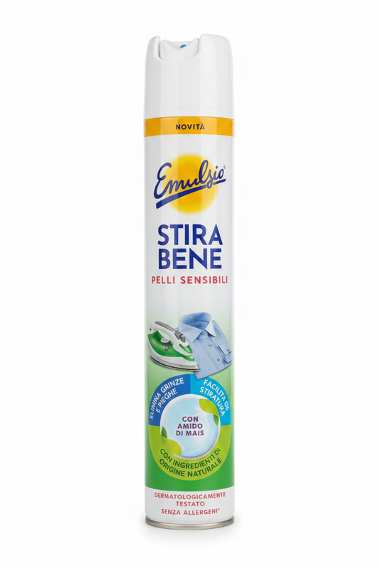 Emulsio Stira Bene Spray 480 ml con amido di mais naturale appretto per stiratura facile elimina pieghe protegge le fibre e non lascia aloni sui tessuti