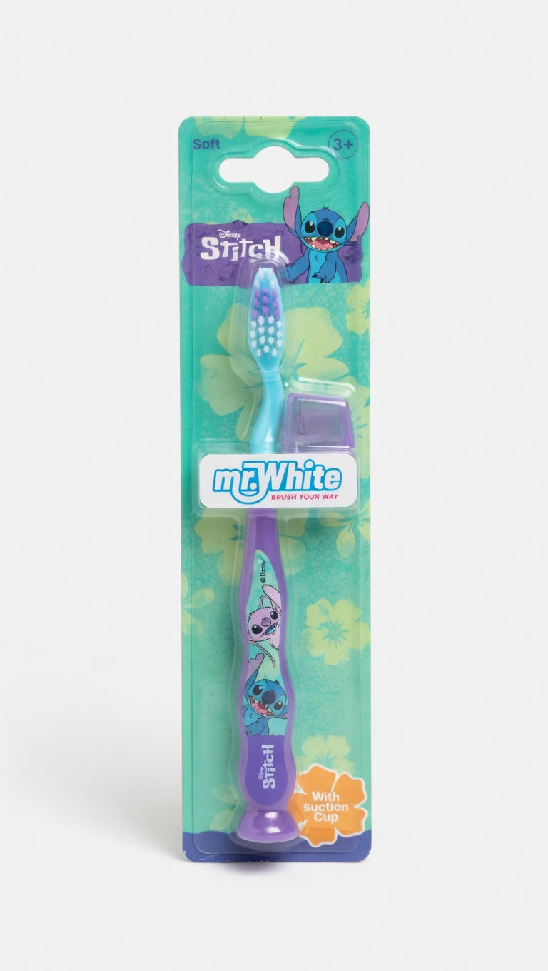 Mr. White Spazzolino Bambini Disney Stitch | Setole Morbide (Soft) | Impugnatura Ergonomica | Con Ventosa alla Base | Per Bambini 3+ Anni | Igiene Orale Divertente