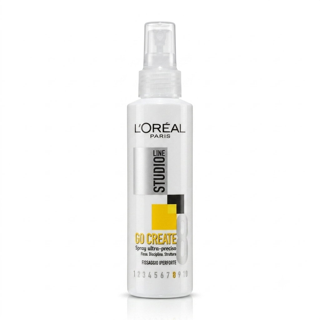 L'Oréal Paris Studio Line Go Create 8 Spray Ultra-Preciso 150 ml, spray per capelli con fissaggio iperforte 8/10, ideale per styling preciso e duraturo.