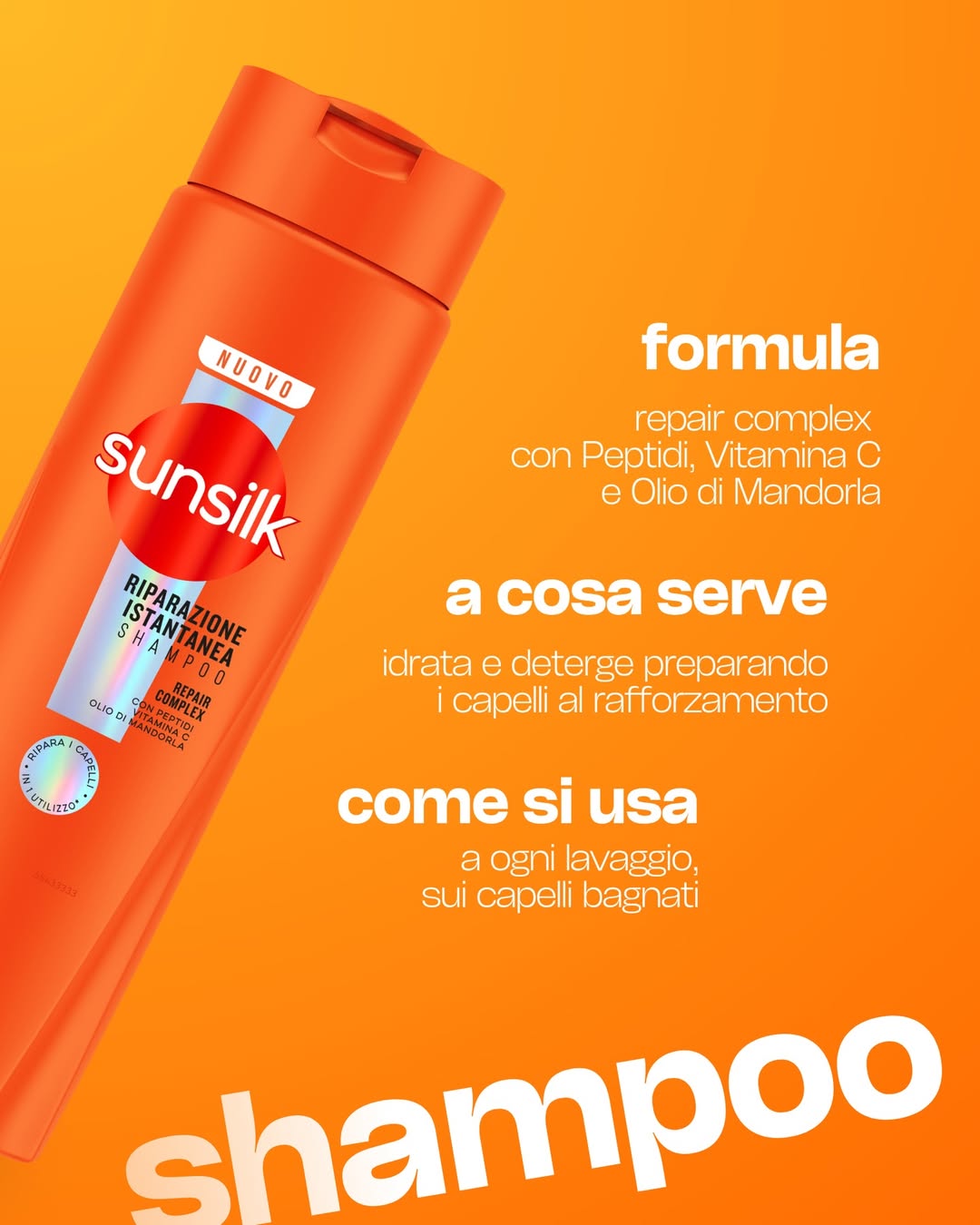 Sunsilk Shampoo Riparazione Istantanea 250 ml – Con Repair Complex, Peptidi, Vitamina C e Olio di Mandorla – Rigenerazione Profonda e Soluzione Anticrespo per Capelli Danneggiati