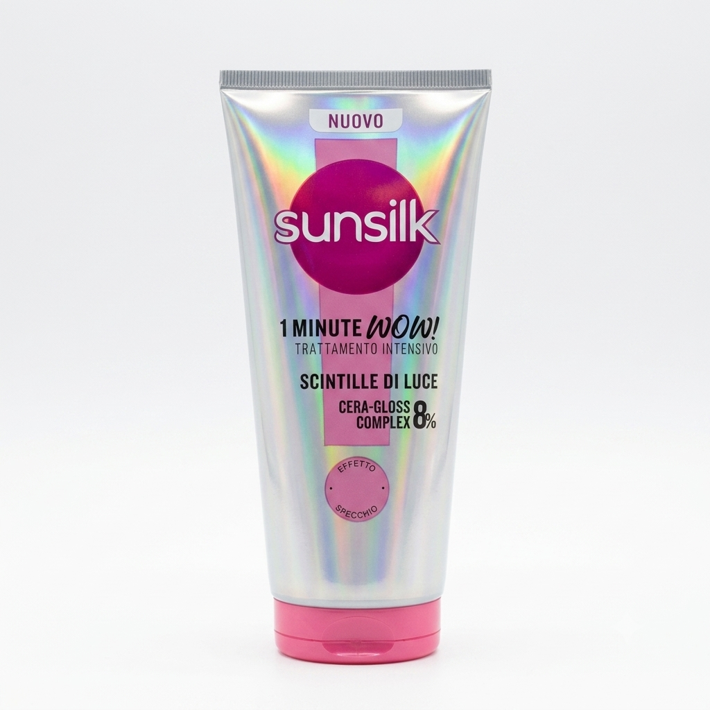 Sunsilk 1 Minute WOW! Trattamento Intensivo Scintille di Luce 180 ml, trattamento capelli ad azione rapida con 8% Cera-Gloss Complex arricchito con ceramide, olio di jojoba e collagene, dona un effetto specchio e capelli fino a 2 volte più setosi, luminosi, morbidi e nutriti in soli 60 secondi.