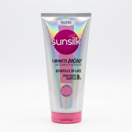 Sunsilk 1 Minute WOW! Trattamento Intensivo Scintille di Luce 180 ml, trattamento capelli ad azione rapida con 8% Cera-Gloss Complex arricchito con ceramide, olio di jojoba e collagene, dona un effetto specchio e capelli fino a 2 volte più setosi, luminosi, morbidi e nutriti in soli 60 secondi.