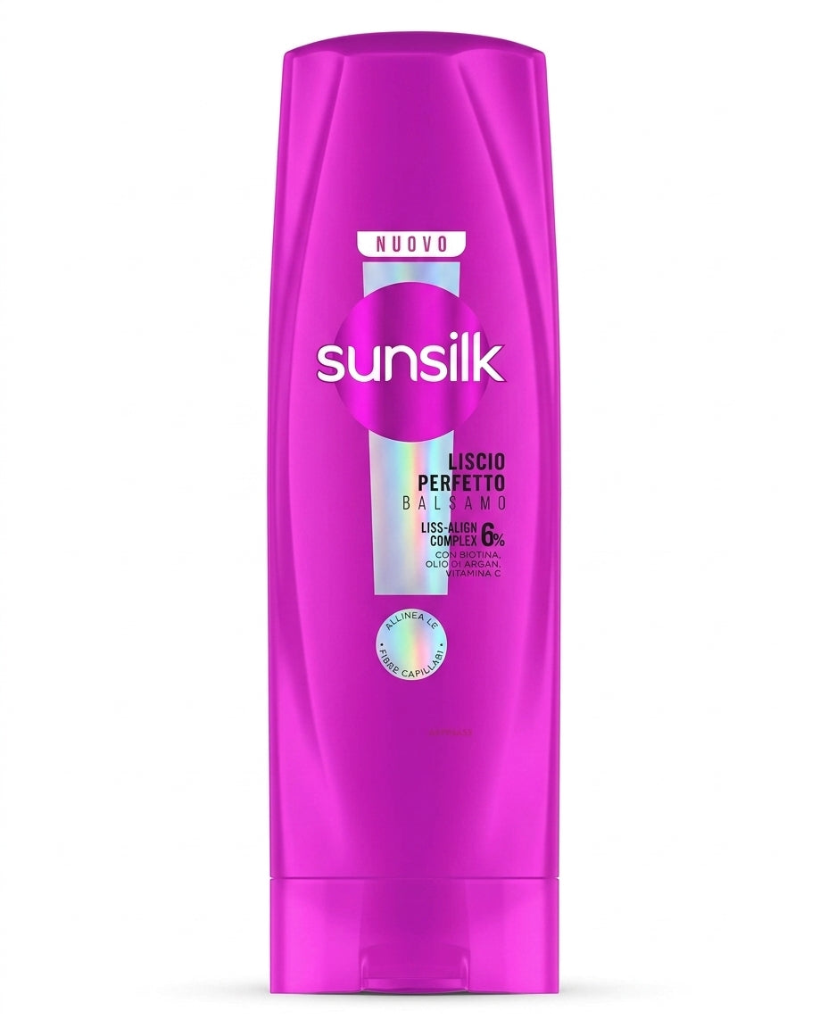 Sunsilk Liscio Perfetto Balsamo 200 ml, con 6% Liss-Align Complex a base di biotina, olio di argan e vitamina C, balsamo lisciante anticrespo per capelli lisci, morbidi e disciplinati, con bottiglia in plastica 100% riciclata e certificazione PETA Approved.