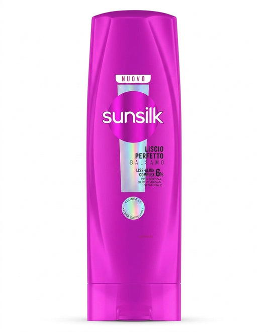 Sunsilk Liscio Perfetto Balsamo 200 ml, con 6% Liss-Align Complex a base di biotina, olio di argan e vitamina C, balsamo lisciante anticrespo per capelli lisci, morbidi e disciplinati, con bottiglia in plastica 100% riciclata e certificazione PETA Approved.
