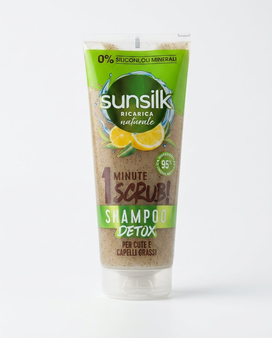 Sunsilk Ricarica Naturale 1 Minute Scrub Shampoo Detox 200 ml, con 95% di ingredienti di origine naturale, guscio di noce di cocco, tè verde e limone, per cute e capelli grassi, senza siliconi e oli minerali.