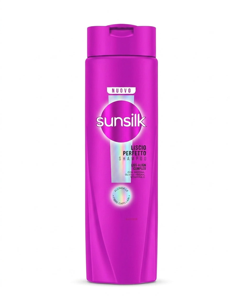 Sunsilk Liscio Perfetto Shampoo 250 ml, con Liss-Align Complex a base di biotina, olio di argan e vitamina C, formulato per capelli lisci, morbidi e luminosi, contrasta il crespo, con bottiglia in plastica 100% riciclata e certificazione PETA Approved.
