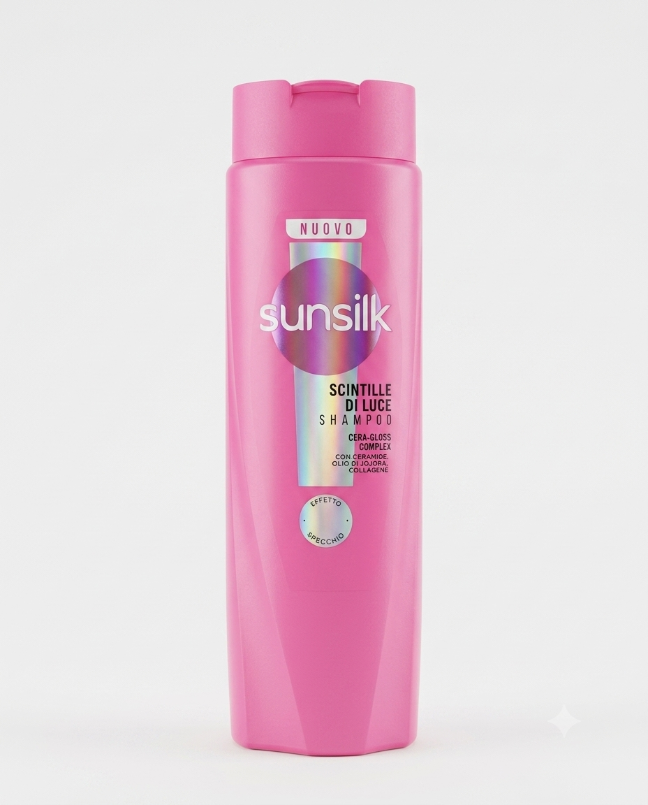 Sunsilk Shampoo Scintille di Luce 250ml con Ceramide, Olio di Jojoba e Collagene per capelli luminosi effetto specchio.