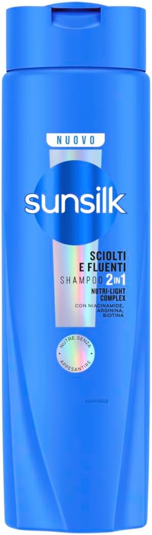 Sunsilk Sciolti e Fluenti Shampoo 2in1 250 ml, con Nutri-Light Complex a base di niacinamide, arginina e biotina, formula vegana che nutre senza appesantire, per capelli leggeri, sani e fluenti.