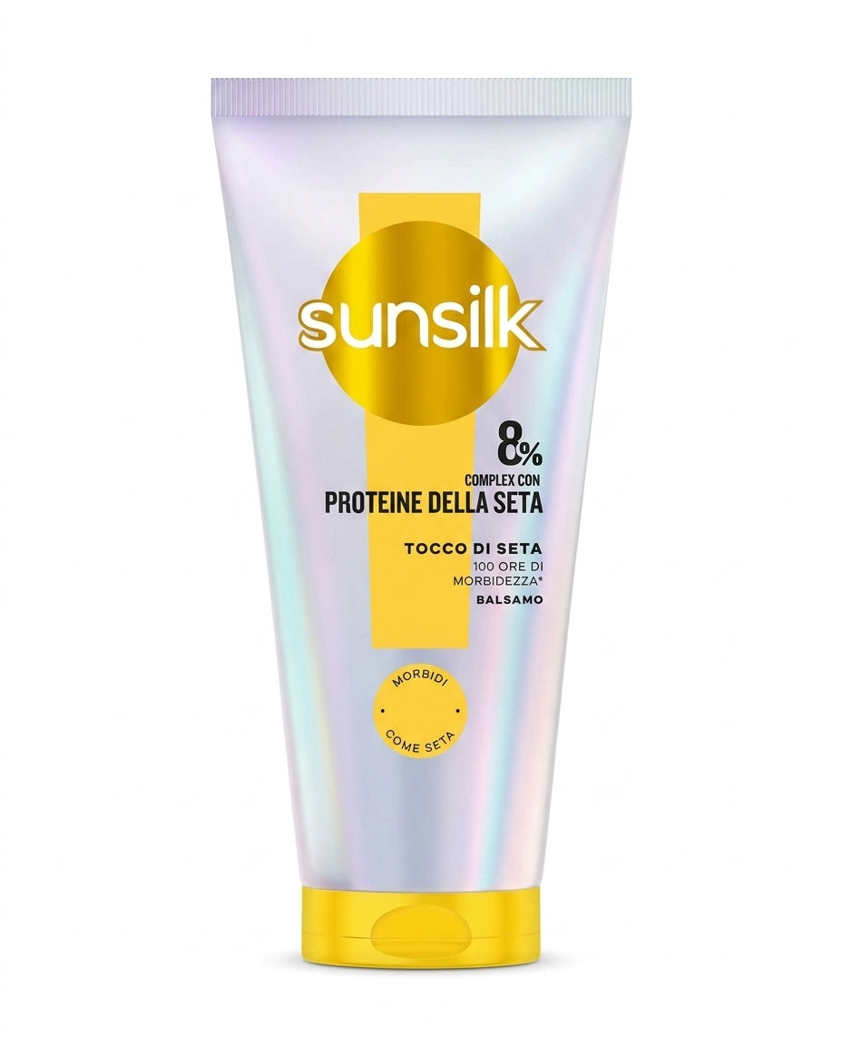 Sunsilk Balsamo Tocco di Seta 180 ml, con formula arricchita con 8% Complex e proteine della seta, per capelli morbidi e setosi fino a 100 ore.