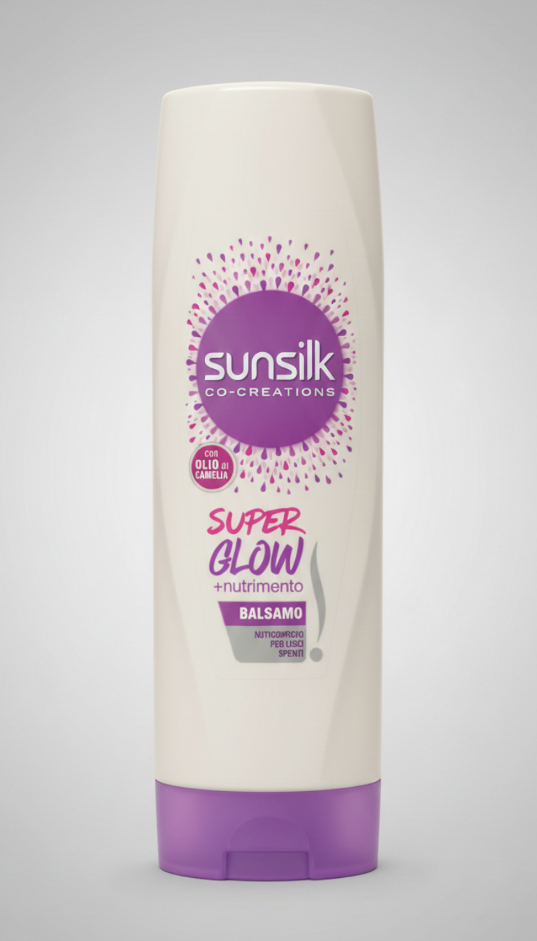 Sunsilk Balsamo Super Glow 185 ml senza solfati con olio di camelia per capelli lisci spenti e colorati effetto luminosità immediata nutrimento leggero e protezione del colore senza appesantire i capelli