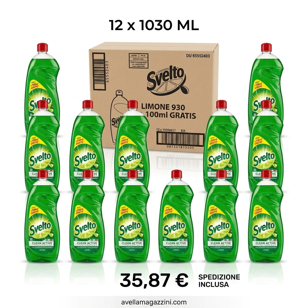 SVELTO Clean Active Detersivo Piatti Concentrato al Limone Box 12x 1030 ml (12,36 L) – Formato Scorta Famiglia e Spedizione Inclusa