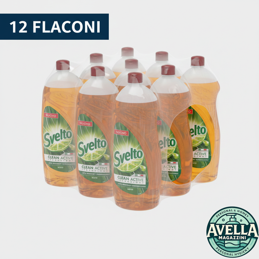Svelto Detersivo Piatti Aceto box 12 flaconi da 980 ml, sgrassante 3X, efficace anche in acqua fredda.
