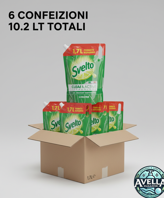 Svelto Detersivo Piatti Limone box 6 ricariche 10,2 L, sgrassa a freddo, formula 99% biodegradabile.