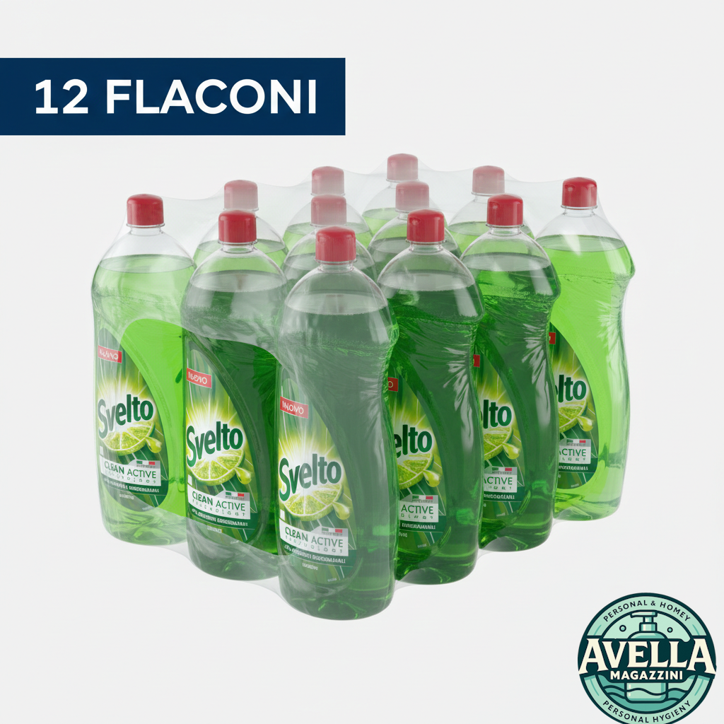 Svelto Detersivo Piatti Limone box 12 flaconi da 980 ml, sgrassa a freddo, formula 99% biodegradabile.