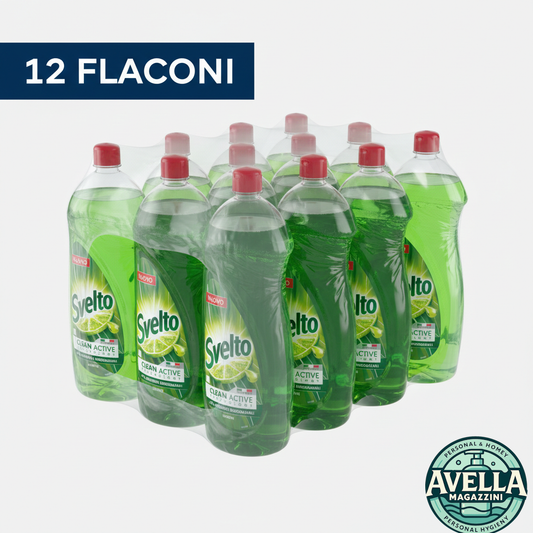 Svelto Detersivo Piatti Limone box 12 flaconi da 980 ml, sgrassa a freddo, formula 99% biodegradabile.
