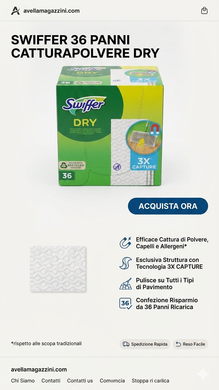 Swiffer 36 Panni Catturapolvere Dry | Ricariche per Scopa con Azione Elettrostatica | Cattura Polvere, Sporco e Peli | Formato Convenienza