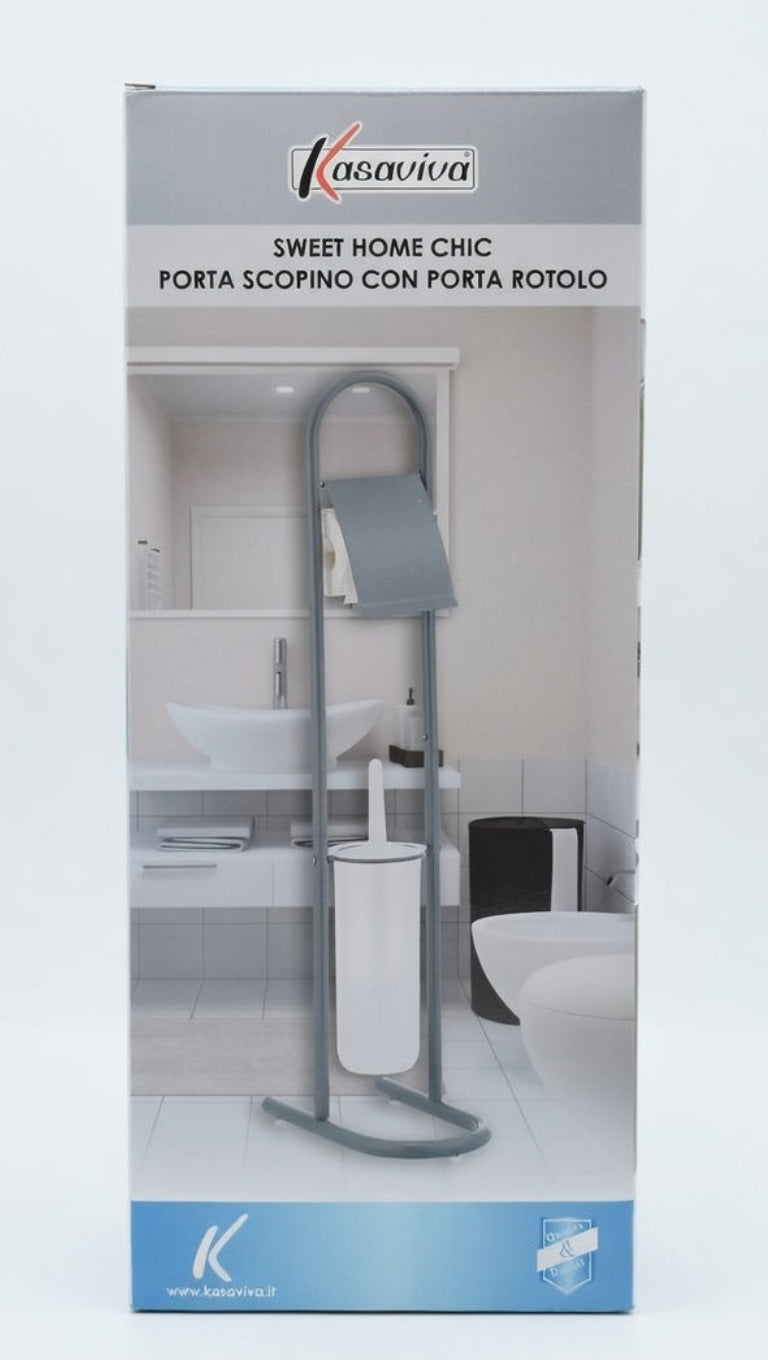 Kasaviva Sweet Home Chic Piantana Bagno 2 in 1 | Porta Scopino con Porta Rotolo Integrato | Design Moderno Salvaspazio | Disponibile in Bianco o Grigio Scuro