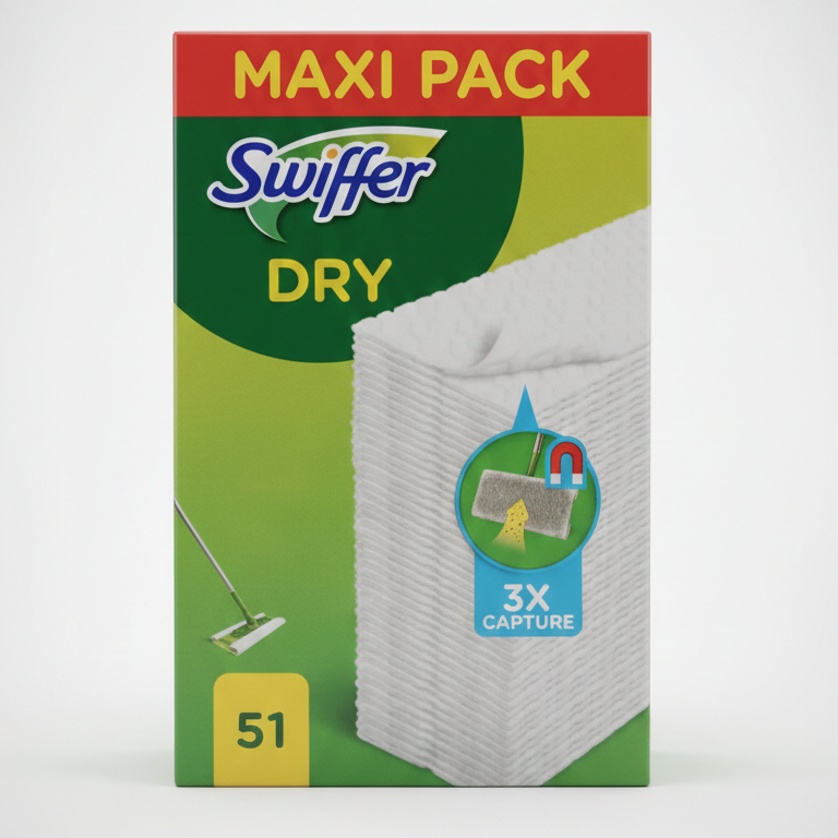 Swiffer Dry Maxi Pack 51 panni catturapolvere con tecnologia 3X Capture per polvere, peli e capelli.