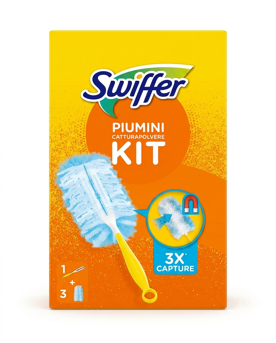 Swiffer catturapolvere kit completo con manico ergonomico e 3 piumini di ricambio per polvere, peli e allergeni.