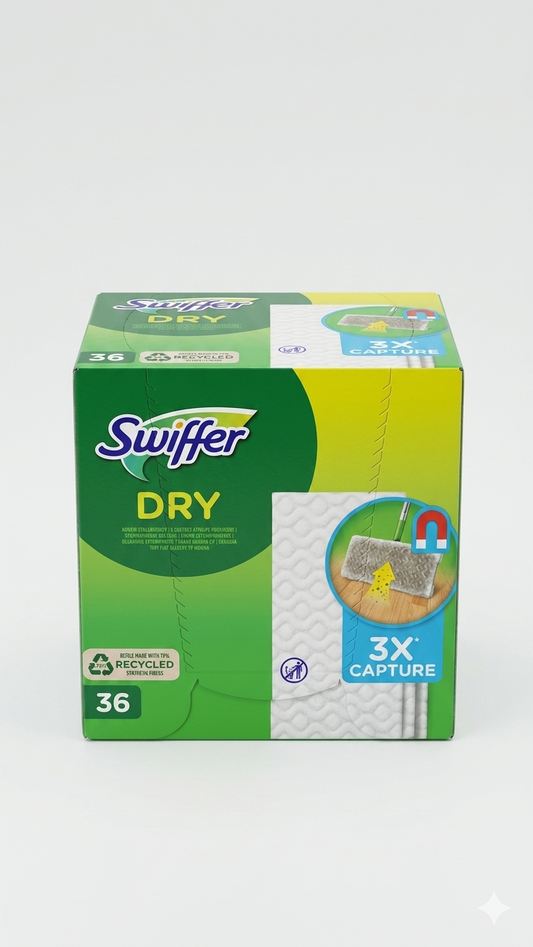 Swiffer 36 panni catturapolvere Dry elettrostatici, ricariche per scopa, cattura polvere, sporco e peli in formato convenienza.