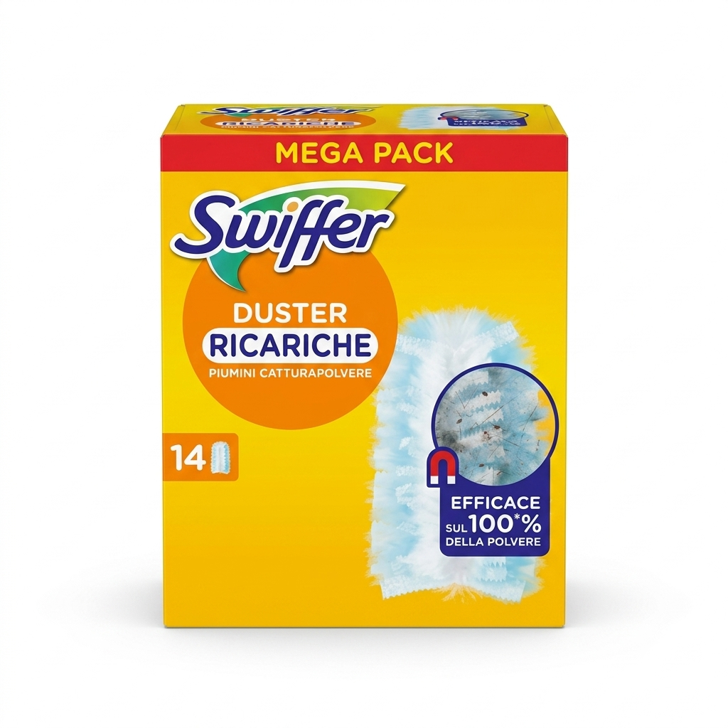 Swiffer Duster Ricariche Catturapolvere Mega Pack 14 piumini, ricambi antipolvere per catturare e trattenere polvere, peli e allergeni dalle superfici, ideali per la pulizia quotidiana della casa.