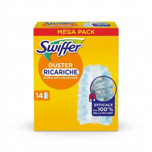 Swiffer Duster Ricariche Catturapolvere Mega Pack 14 piumini, ricambi antipolvere per catturare e trattenere polvere, peli e allergeni dalle superfici, ideali per la pulizia quotidiana della casa.