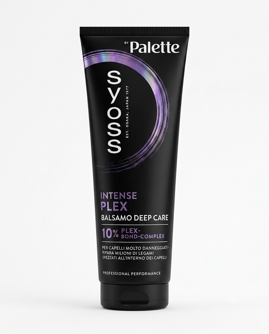 Syoss Intense Plex Balsamo 250ml con 10% Plex-Bond-Complex, ripara i legami capillari, riduce la rottura e migliora la morbidezza e la pettinabilità.
