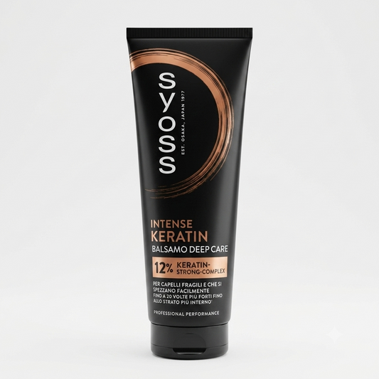 Syoss Intense Keratin Balsamo Deep Care 250 ml con 12% Keratin-Strong Complex per capelli fragili e sfibrati.