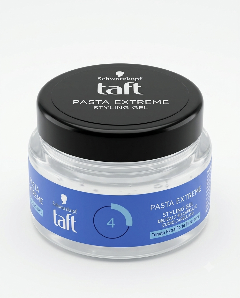 Schwarzkopf Taft Pasta Extreme Styling Gel Tenuta Extra Forte 4 250 ml, pasta modellante con formula vegana per un effetto naturale fino a 24 ore, offre fissaggio extra forte, definizione e controllo senza appesantire i capelli.