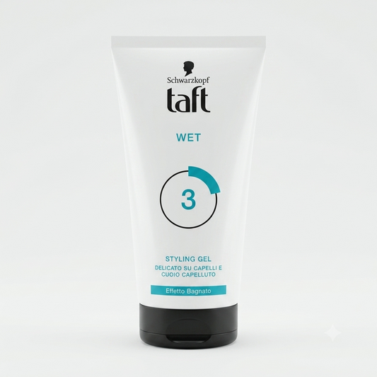 Taft Schwarzkopf Wet Styling Gel Tenuta 3, gel capelli effetto bagnato con pantenolo idratante, offre fissaggio a lunga durata, definizione dello styling e look brillante senza appesantire i capelli.
