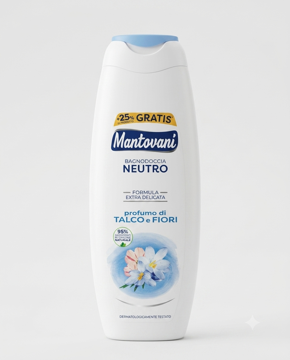 Mantovani Ipoallergenico Bagnodoccia Neutro Talco e Fiori Bianchi, bagnodoccia delicato con formula ipoallergenica ad effetto rilassante, ideale per detergere e proteggere l'equilibrio dell'epidermide, lasciando la pelle morbida, vellutata e piacevolmente profumata con note di talco e fiori bianchi.