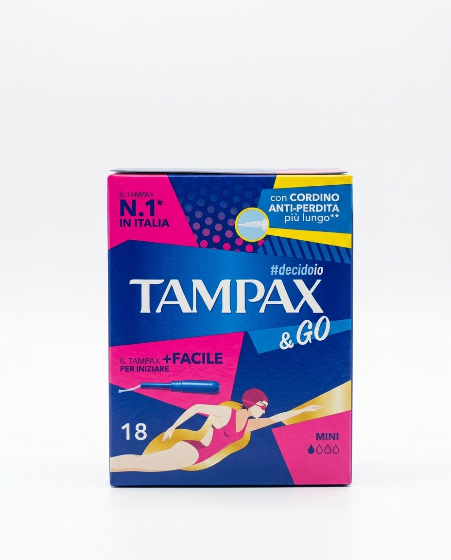 Tampax & GO Mini Assorbenti Interni 18 pezzi, con applicatore facile da usare e cordino anti-perdita più lungo, ideali per flusso leggero e per chi cerca una protezione discreta e pratica.
