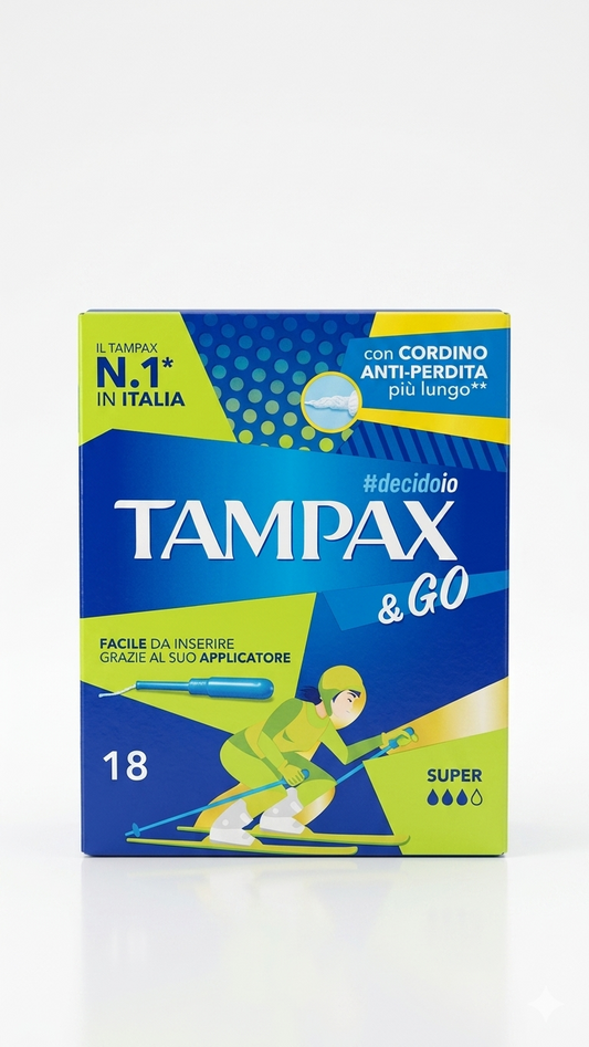 Tampax & Go Super 18 Assorbenti Interni con Applicatore in Plastica e Cordino Anti-perdita – Protezione Flusso Abbondante
