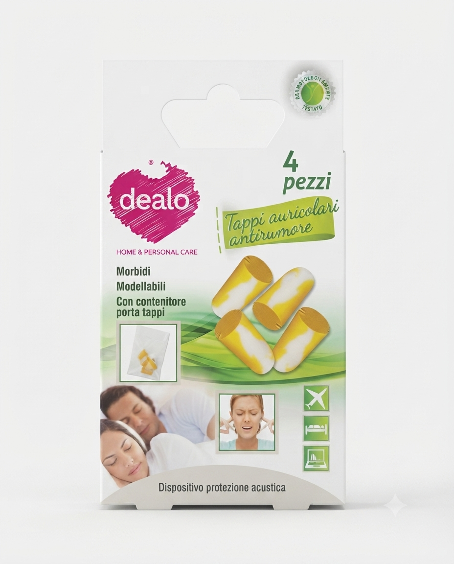 Tappi auricolari Dealo in schiuma antirumore 4 pezzi, morbidi e modellabili, protezione acustica per dormire, studiare e viaggiare, con custodia inclusa.