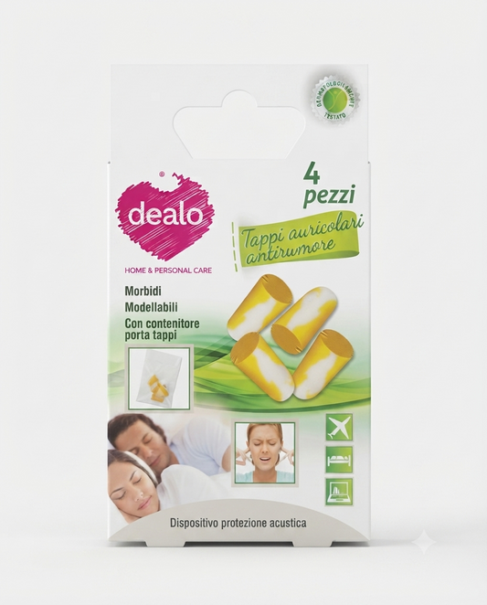 Tappi auricolari Dealo in schiuma antirumore 4 pezzi, morbidi e modellabili, protezione acustica per dormire, studiare e viaggiare, con custodia inclusa.