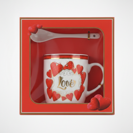 Set Colazione "Love" in Ceramica | Tazza Mug con Cuori, Piattino e Cucchiaino in Ceramica | Idea Regalo Romantica e Self-Care