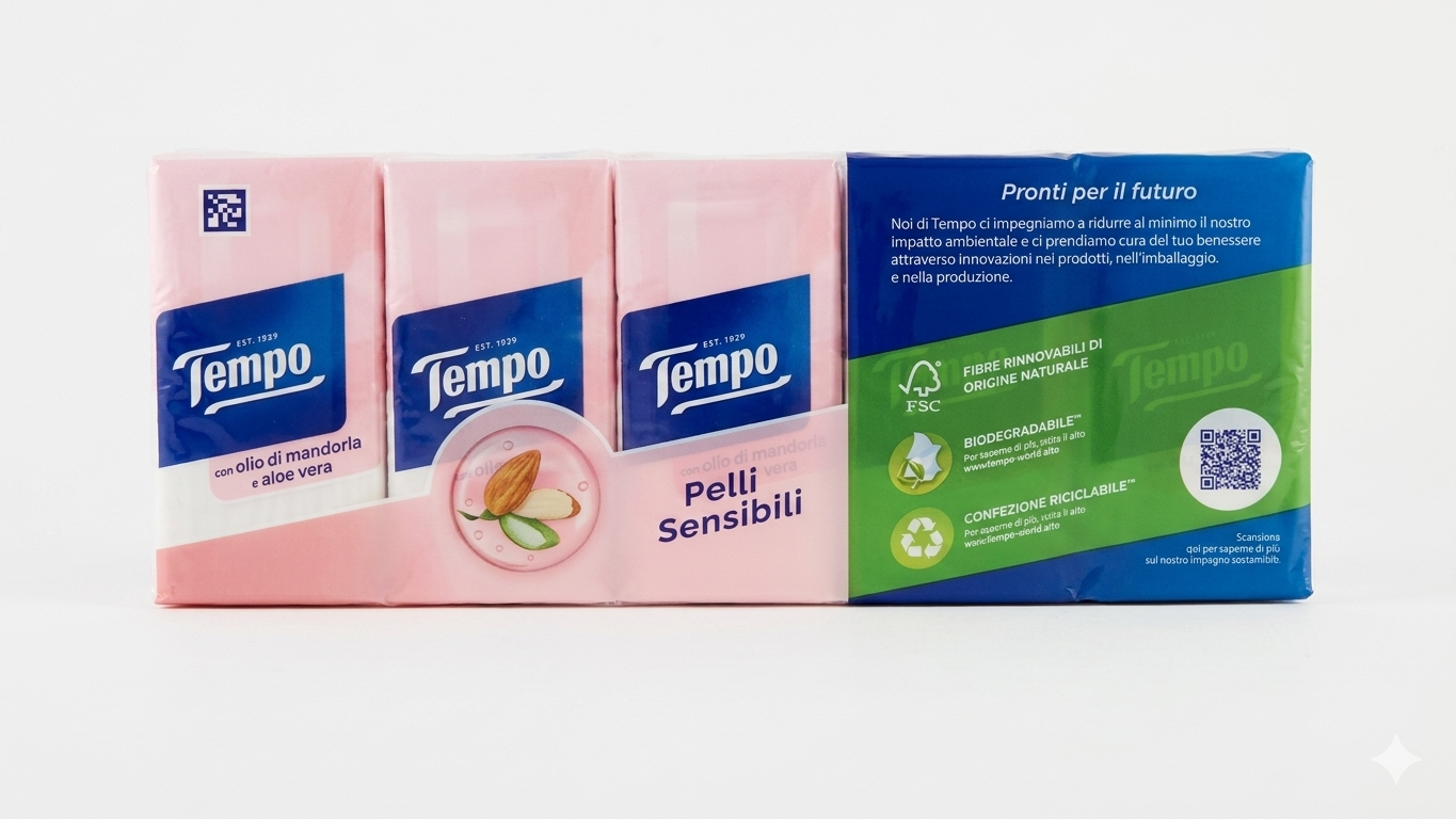 Tempo Fazzoletti Pelli Sensibili 10x9 | 4 Veli con Balsamo Aloe Vera e Olio di Mandorla | Extra Morbidi | Resistenti in Lavatrice