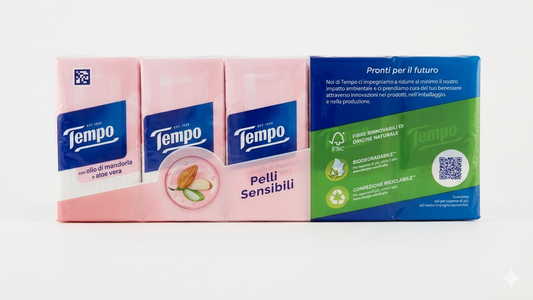 Tempo Fazzoletti Pelli Sensibili 10x9 | 4 Veli con Balsamo Aloe Vera e Olio di Mandorla | Extra Morbidi | Resistenti in Lavatrice