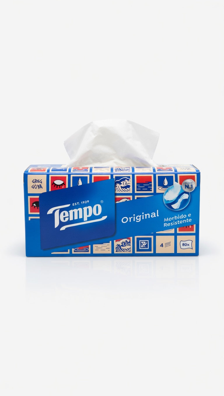 Tempo Original Box Collection 80 Fazzoletti | 4 Veli Alta Resistenza | Resistenti al Lavaggio in Lavatrice | Scatola Dispenser Design Collection