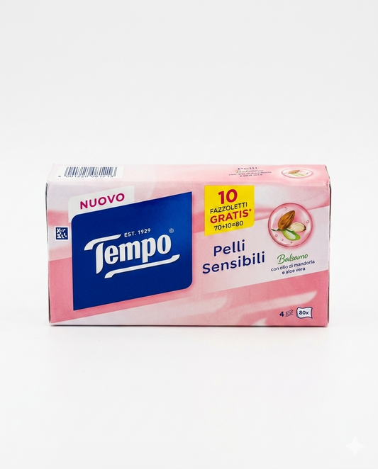 Tempo Pelli Sensibili Fazzoletti in Box 80 Pezzi con Olio di Mandorla e Aloe Vera – Morbidezza Superiore Rigenerante e Resistente in Lavatrice