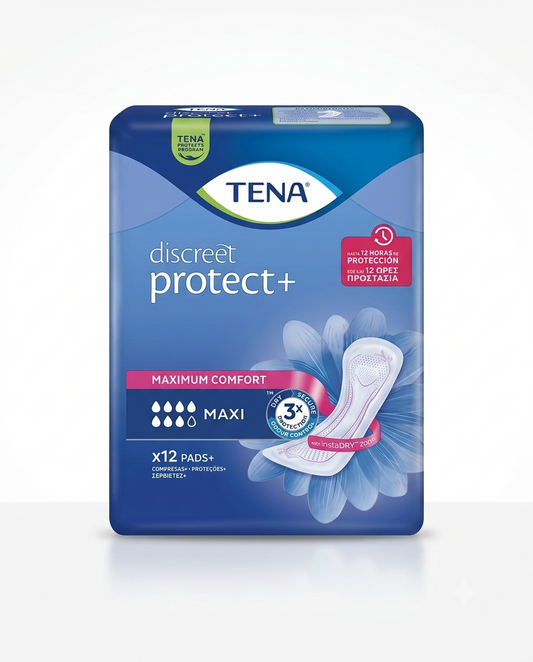 TENA Discreet Maxi 12 pezzi, assorbenti per incontinenza ad alta assorbenza con tecnologia instaDRY™, progettati per offrire protezione elevata, asciutto rapido e controllo degli odori, assicurando comfort, sicurezza e discrezione per tutto il giorno.