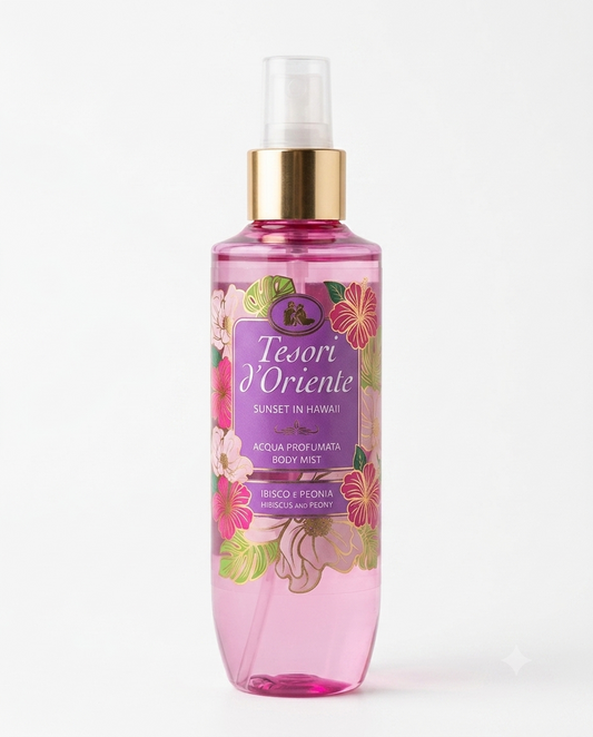 Tesori d'Oriente Acqua Profumata Sunset in Hawaii 200 ml con Ibisco e Peonia, fragranza floreale e solare