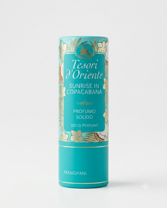 Tesori d'Oriente Sunrise in Copacabana Profumo Solido Cocco & Frangipani 7 ml, fragranza solida donna formato da borsetta, con note esotiche di cocco e fiori di frangipani per una profumazione dolce, elegante e tropicale sempre con te.