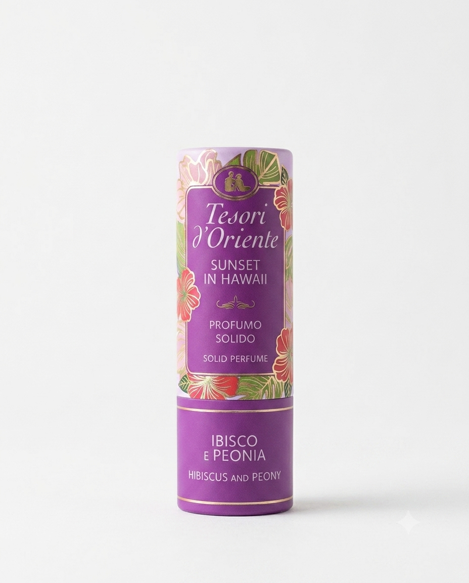 Tesori d'Oriente Sunset in Hawaii Profumo Solido Ibisco & Peonia 7 ml, fragranza solida donna formato da borsetta, con note floreali di ibisco e peonia per una profumazione elegante, fresca e avvolgente in ogni momento della giornata.